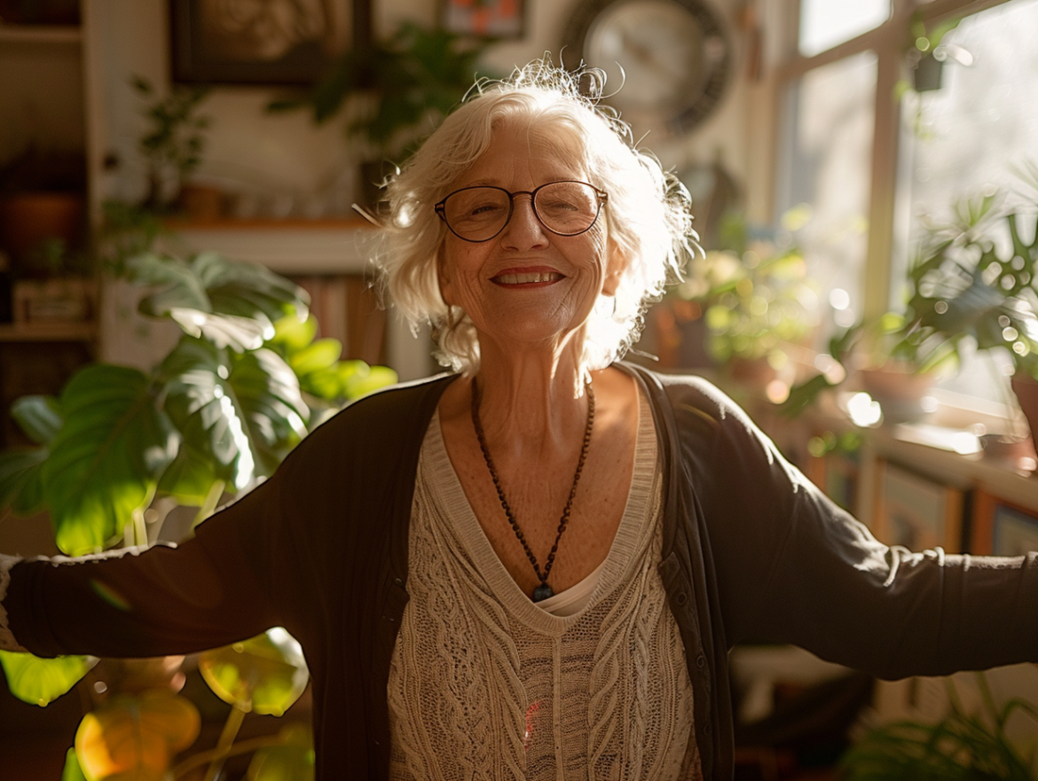 Енергійна активна жінка похилого віку займається фізичними вправами, демонструючи покращення загального стану після зміни харчування