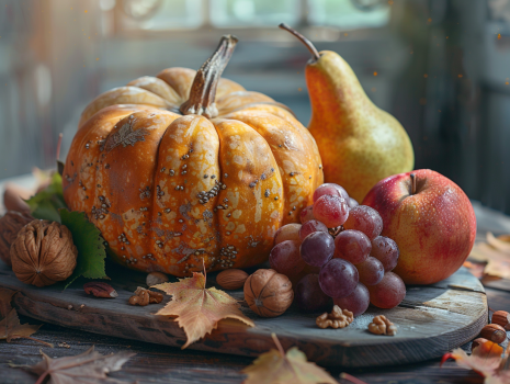Осінній врожай: гарбуз, яблука, груші, виноград та різноманітні горіхи