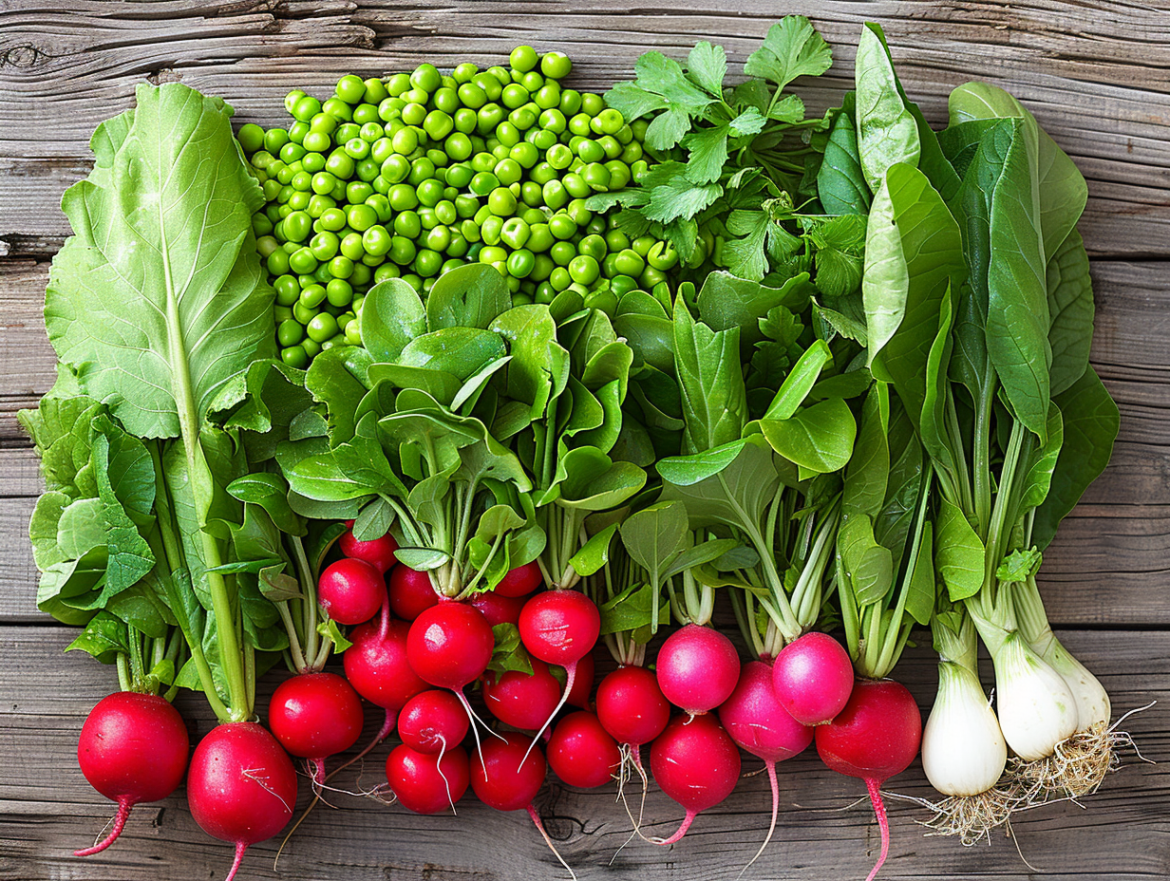 Весняні свіжі овочі та зелень з молодою морквою, редискою, зеленим горошком та молодими листями салату