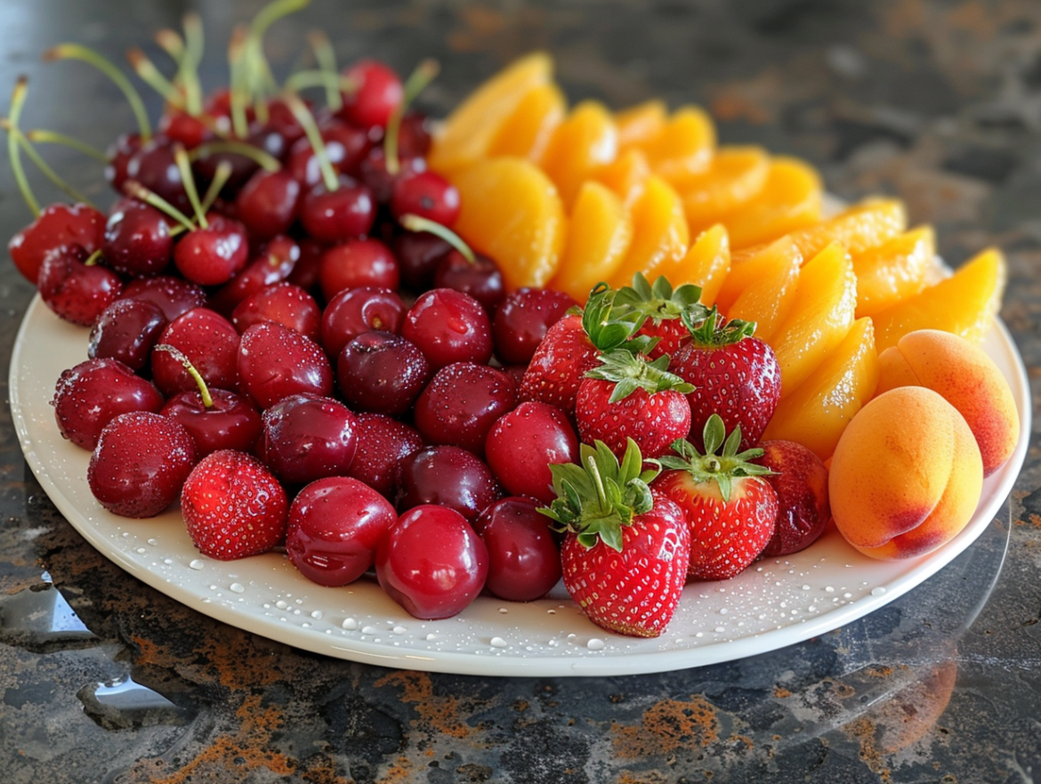 Літнє асорті з свіжих фруктів та ягід: полуниці, черешні, персики та абрикоси