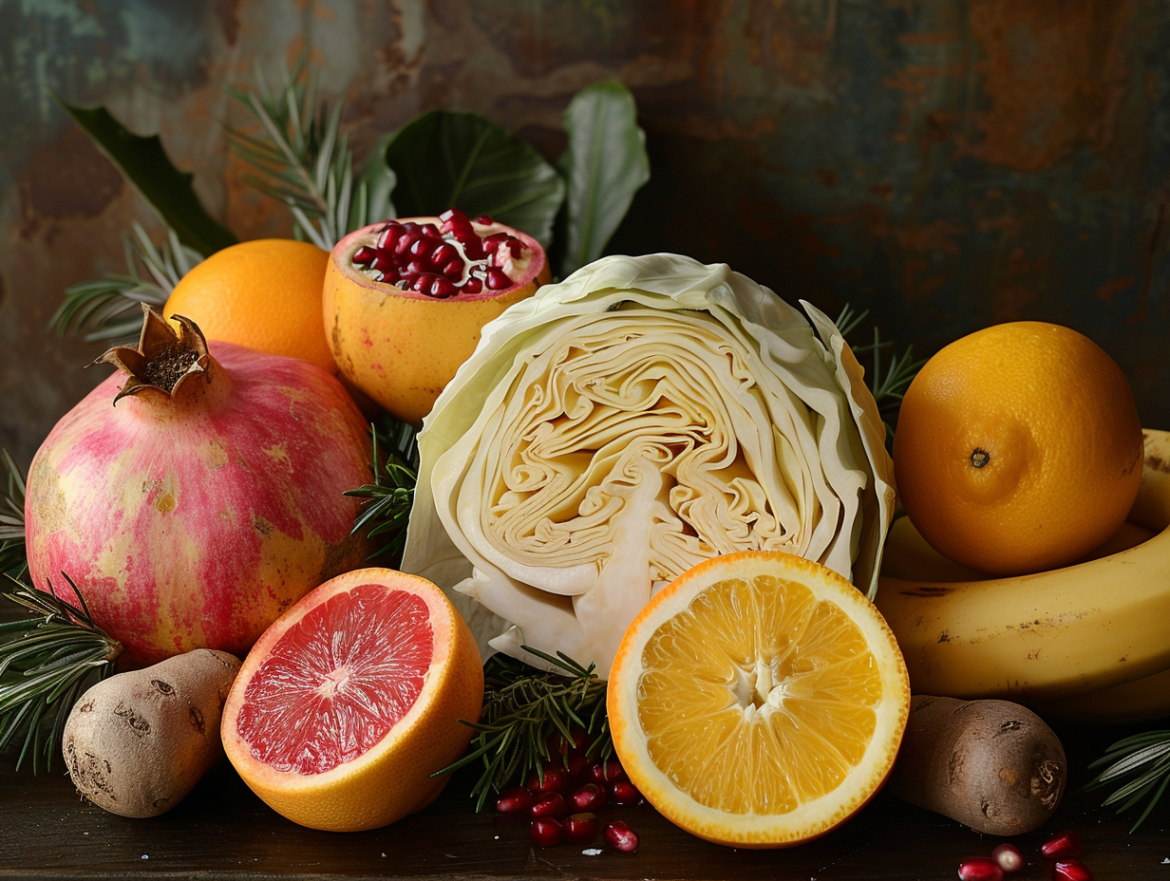 Зимовий стіл з гарячими стравами: тушкована капуста, запечені овочі, каші та цитрусові